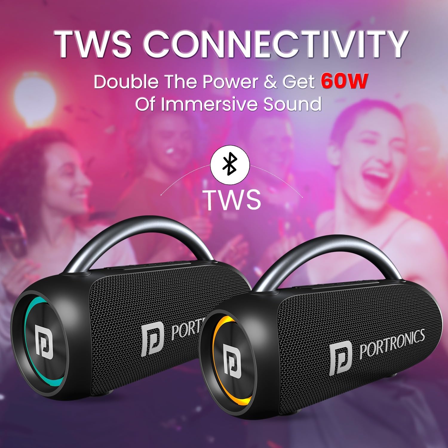 Portronics Radiant 30W Wireless Bluetooth Portable Speaker With In-Built Mic,6 Hours Playtime,HD Clarity Sound,Dual Driver,RGB LEDs,TWS Connectivity,BT5.3v,USB Drive,Aux in,Type C Fast Charging