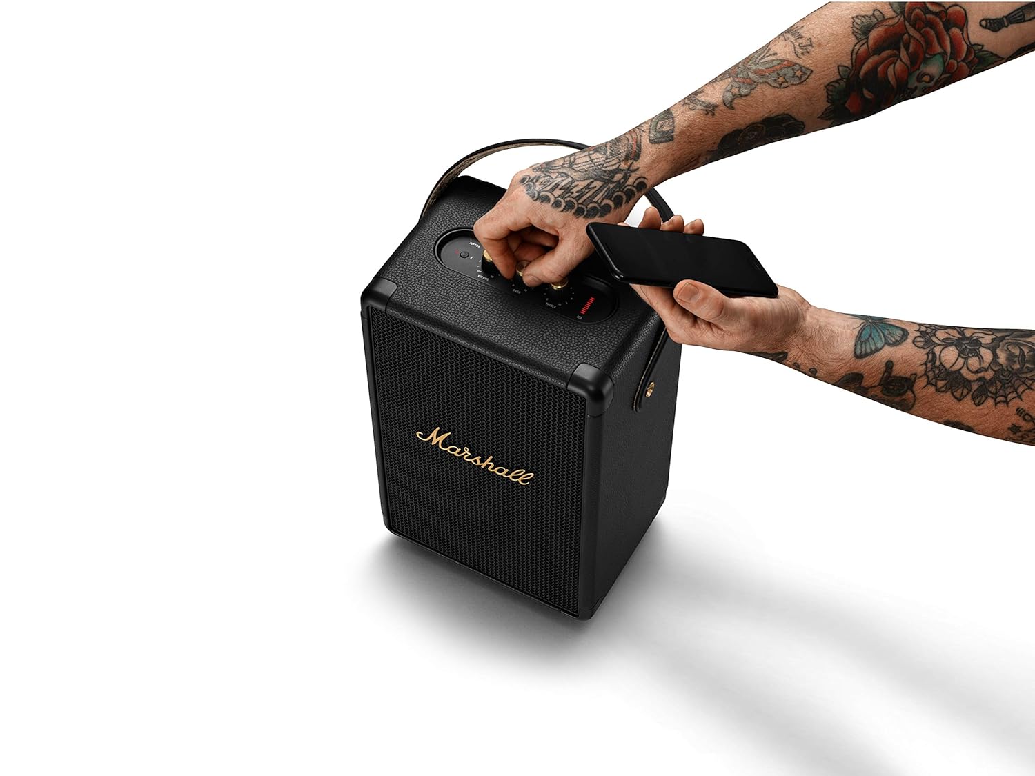 Marshall Tufton Portable Bluetooth Speaker with 20+ hours of portable playtime, (360° sound), Water-Resistant (IPX2) - Black & Brass.