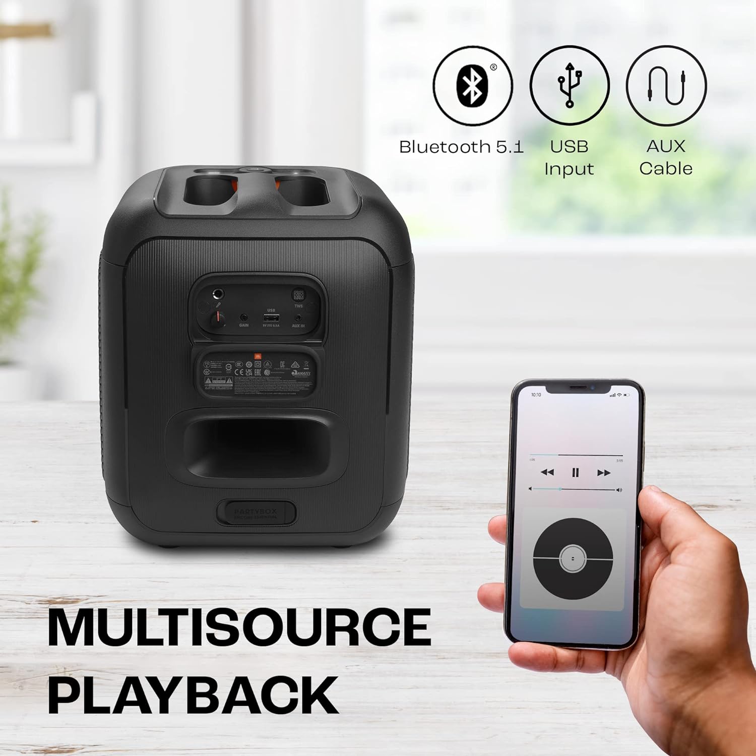 JBL Partybox Encore Essential | Portable Bluetooth Party Speaker | 100W Monstrous Pro Sound | Dynamic Light Show | Upto 6Hrs Playtime | Built-in Powerbank | Mic Support PartyBox App (Black)