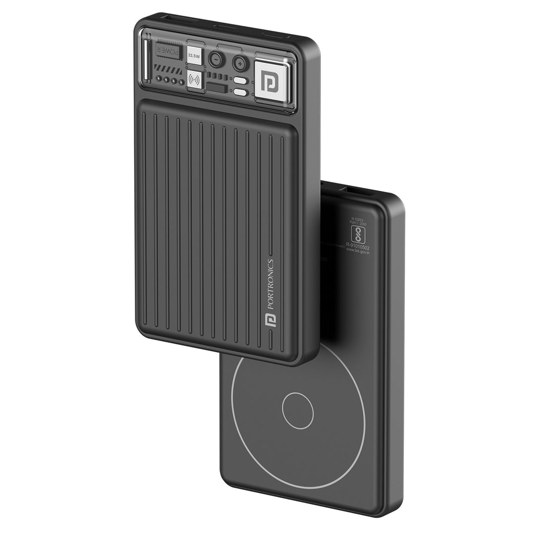 Portronics Luxcell Wireless Mini 10K MagSafe Wireless Charging | Dual Port Fast Charge | LED Battery Indicator | Sleek and Compact