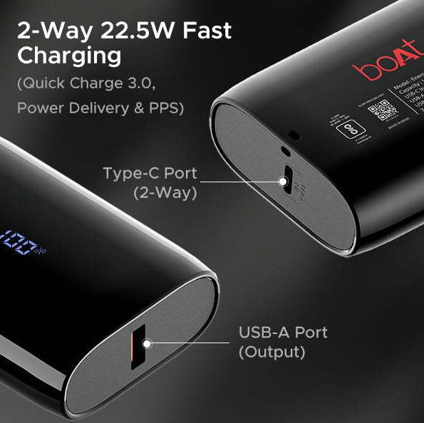 Boat EnergyShroom PB300 Air 10000mAh Powerbank with 2-way 22.5W fast charging, LED battery display, 12 Layer Smart IC Protection (Black)