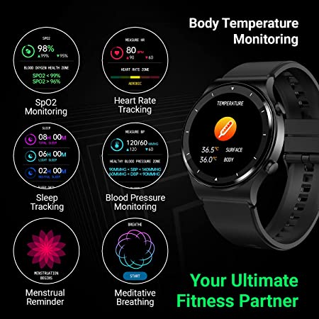 Firebolt 360 Pro Bluetooth Calling, Local Music and TWS Pairing, 360*360 PRO Display Smart Watch with Rolling UI & Dual Button Technology, Spo2, Heart Rate & Temperature Monitoring - Black
